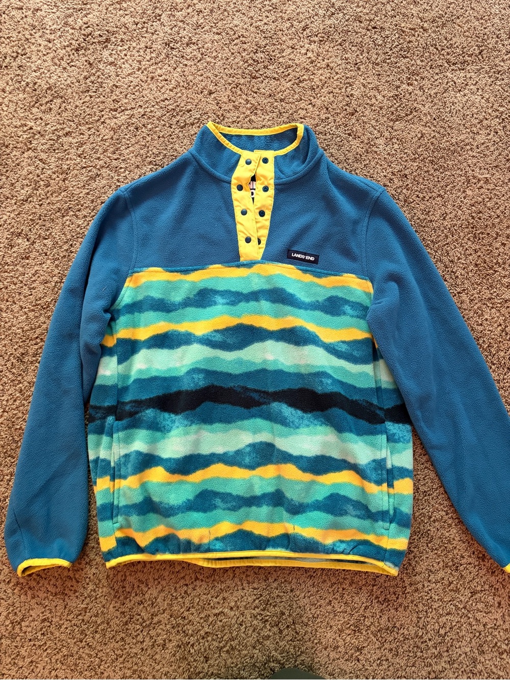 Lands' End Teal, Yellow & Aqua Striped Fleece Pullover